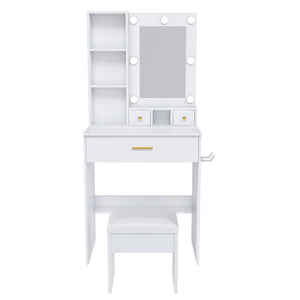 Vanity Set with Mirror, Adjustable LED Lights & Power Outlet - Wood & Mirror