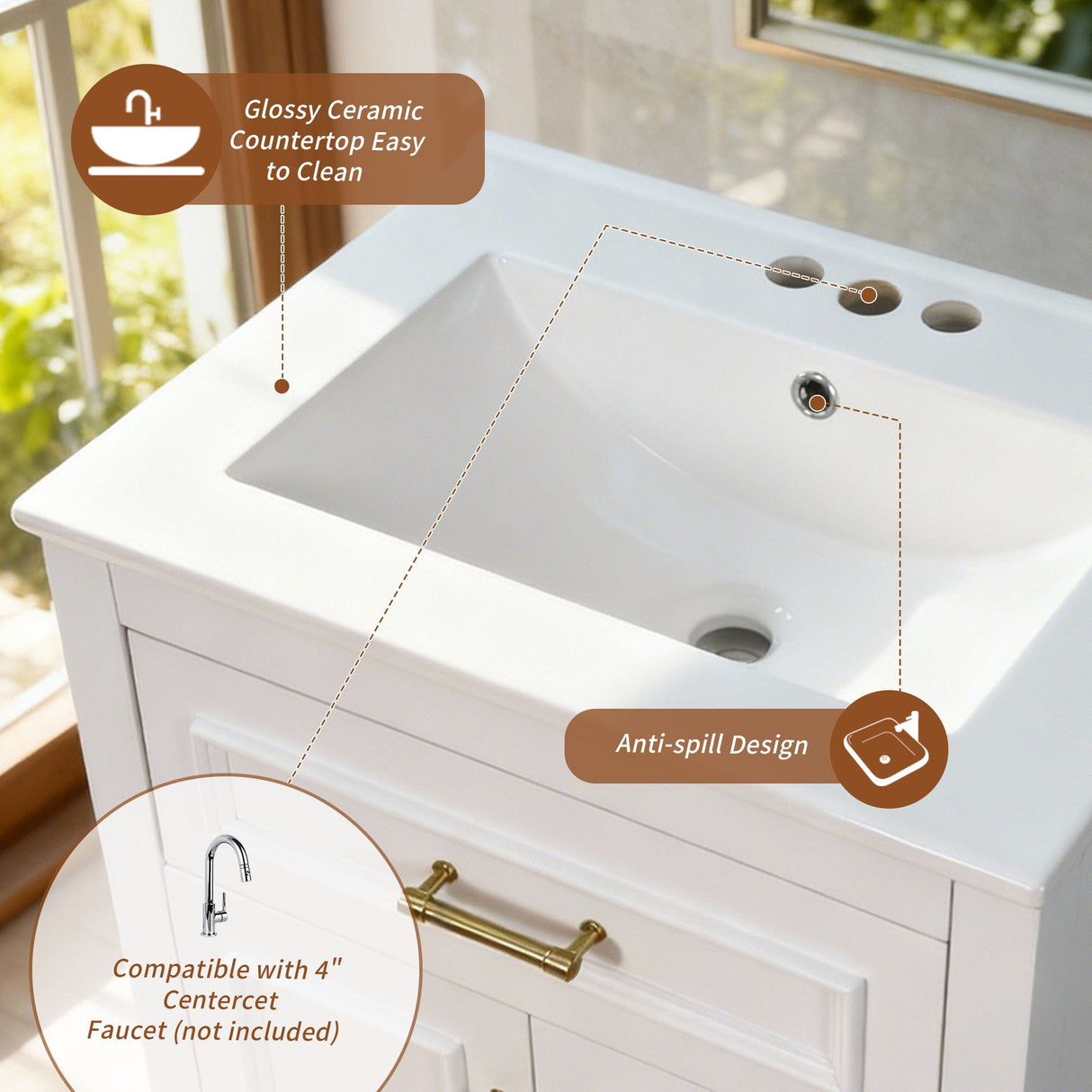 Bathroom Vanity With Integrated Sink, 2 Door Cabinet With Tip Out Drawer, Rectangular Design
