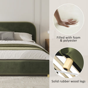 King Size Platform Bed with Velvet Fabric and Curved Headboard