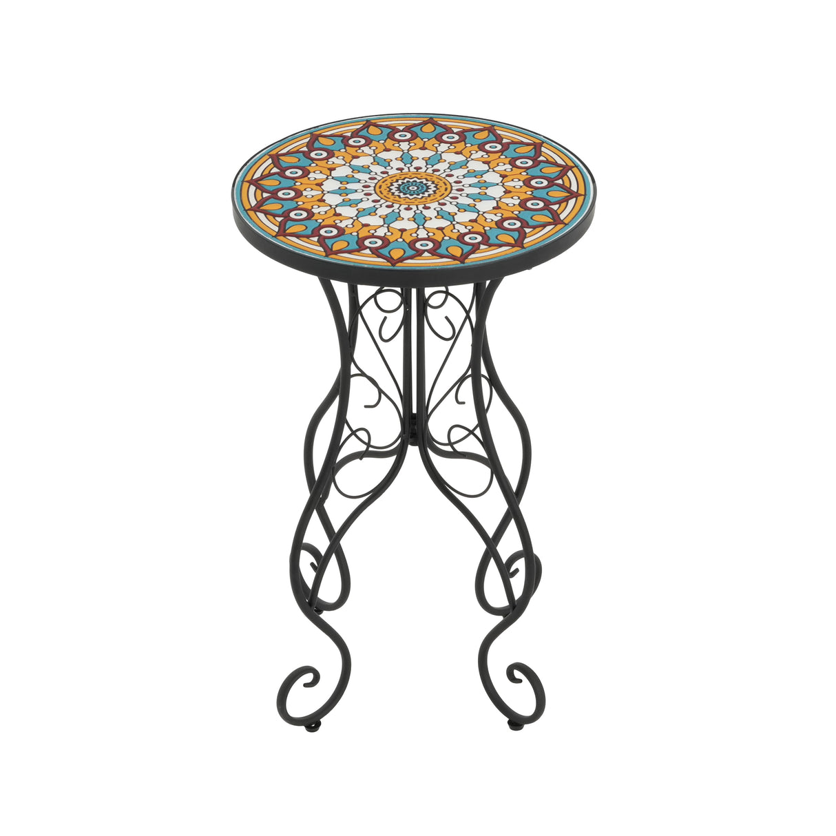 Round Ceramic Outdoor Side Table, Colorful + Black