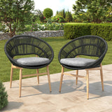 Cyril Outdoor Wicker Papasan Style Dining Chair with Teak Finished Leg and Dark Gray Faux Rattan - Set of 2