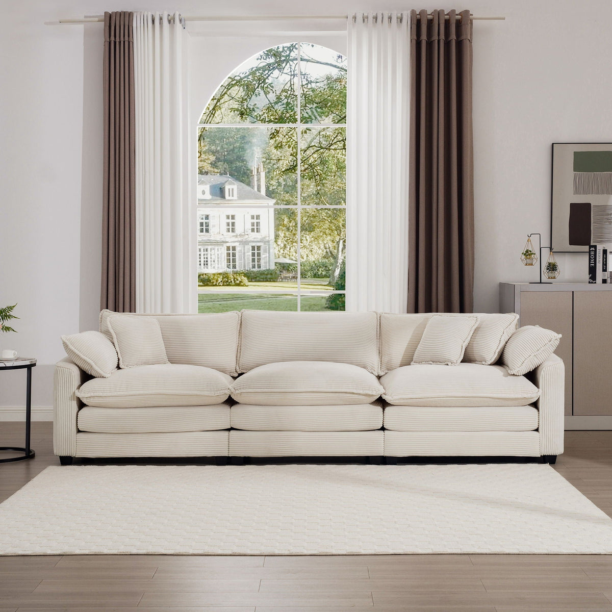 Mid-Century Modern 3 Seater Sectional Sofa with Arm and Throw Pillows - Fabric