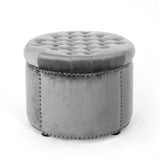 Elegant Round Ottoman Footstool with Grey Velvet Upholstery and Studded Rim