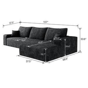 107" Cloud Sectional Couch with L-Shape Chaise, Black Plush Corduroy