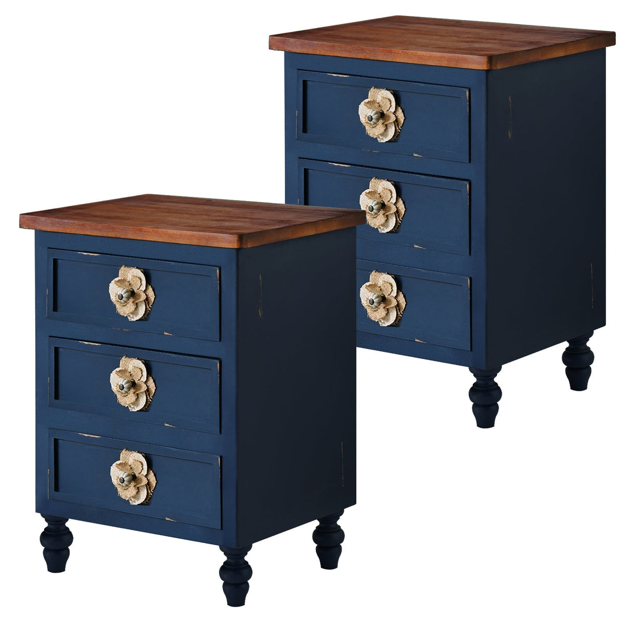 Rustic Dark Blue 3-Drawer Wooden Cabinet with Aged Finish & Floral Handles
