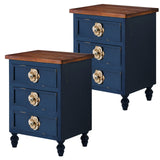 Rustic Dark Blue 3-Drawer Wooden Cabinet with Aged Finish & Floral Handles