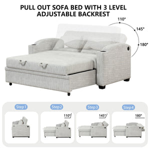 Pull Out Loveseat Sofa With Adjsutable Backrest, 2 Pillows, Cup Holders, USB Ports For Living Room