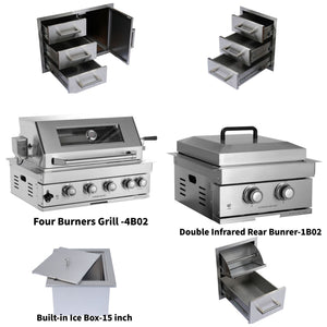 Built-In Outdoor Kitchen LPG Gas Grill 60000 Btu, Drop-In Ice Box With BBQ Tool Set - Silver