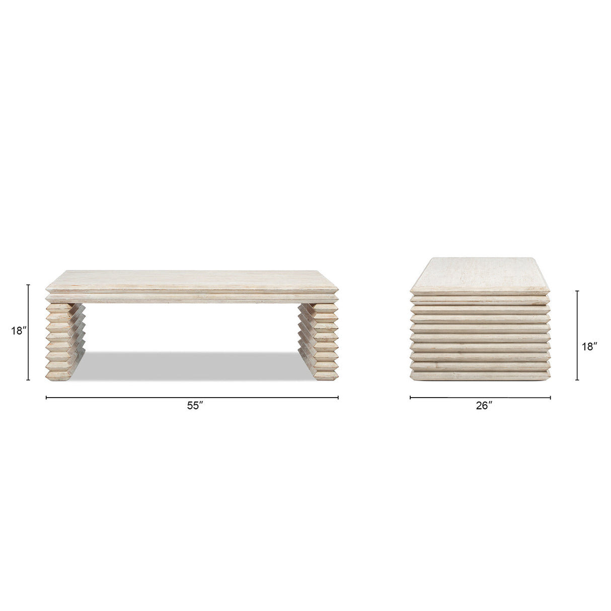 Veda 55' Reclaimed Wood Stacked Geometric Waterfall Coffee Table, Whitewashed Natural Reclaimed Pine Wood