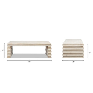 Veda 55' Reclaimed Wood Stacked Geometric Waterfall Coffee Table, Whitewashed Natural Reclaimed Pine Wood
