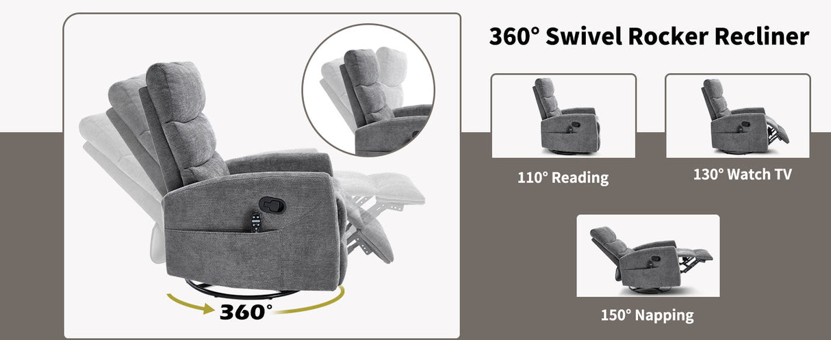 Heat Massage Manual Recliner Chair with Rocker and Swivel in Fabric