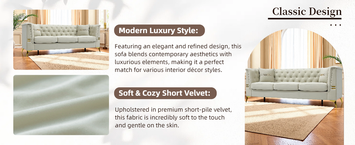 Modern Tufted Velvet Sofa with Gold Accents, 3-Seater