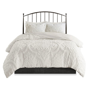 King/Cal King 3 Piece Tufted Cotton Chenille Damask Duvet Cover Set