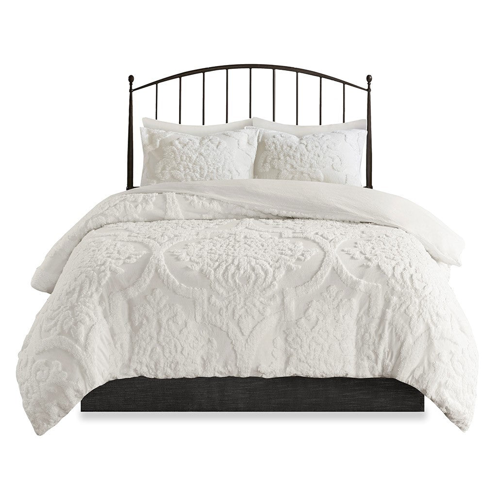 King/Cal King 3 Piece Tufted Cotton Chenille Damask Duvet Cover Set - Off-White