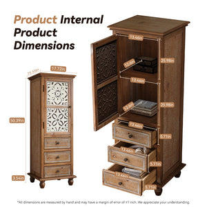 Rustic Wooden Storage Cabinet with Decorative Cutout Door & 3 Drawers