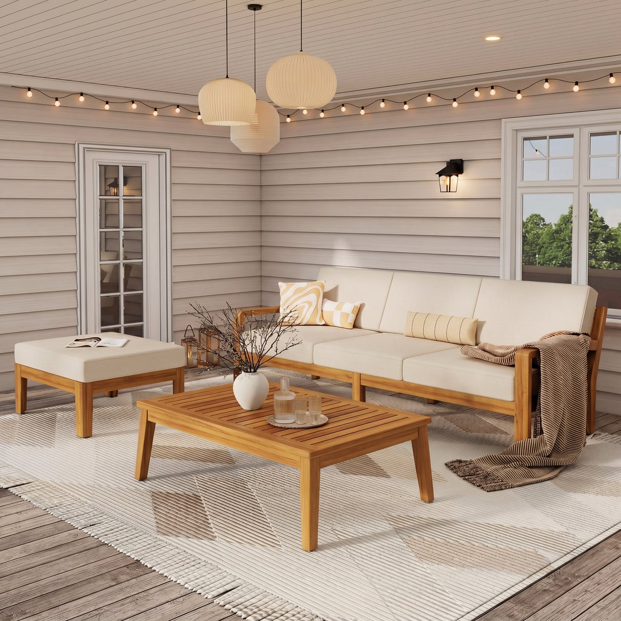 Outdoor L Shape 3pcs Acacia Wood Patio Sofa Set
