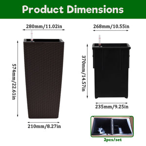Pack of 2 Brown 22-Inch Faux Rattan Square Planters with Automatic Watering System