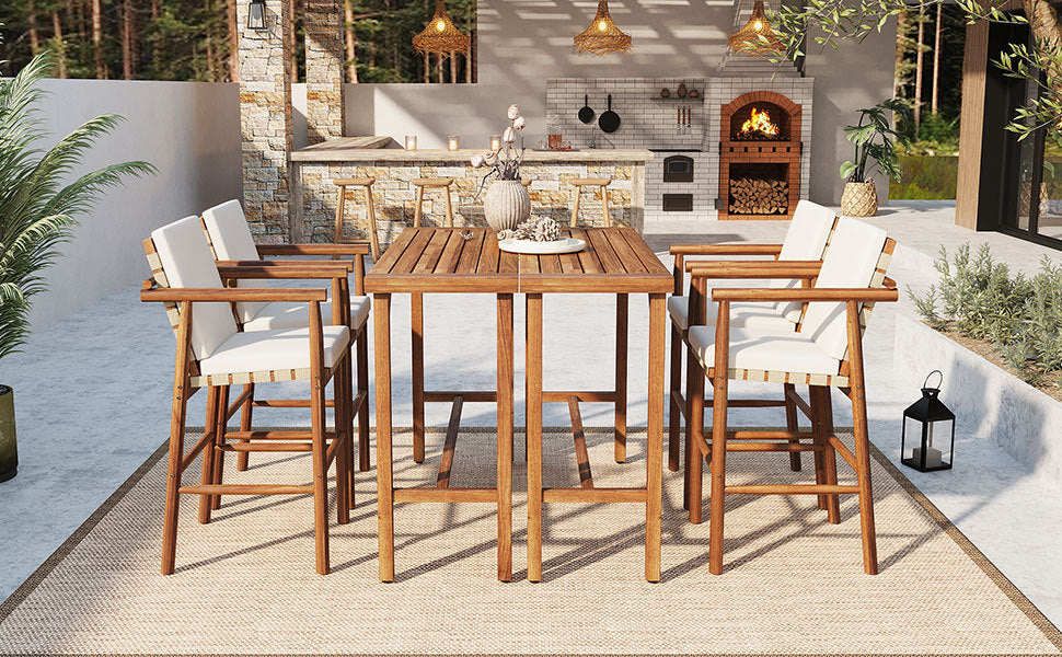 6 Piece Outdoor Bar Set with Acacia Wood Table & Cushioned Stools