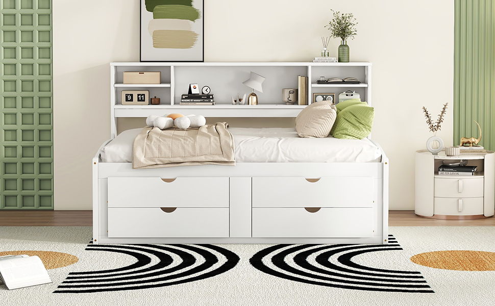 Daybed With 2 Bedside Cabinets, Upper Shelves And 4 Drawers