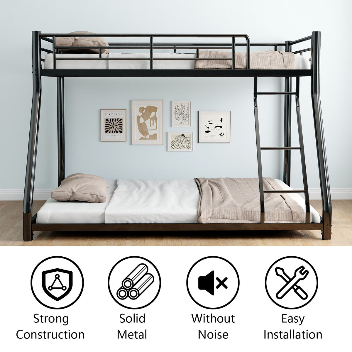 Bunk Bed Frame With Ladder And Guardrail, Heavy Duty Noise Free Design Metal Construction