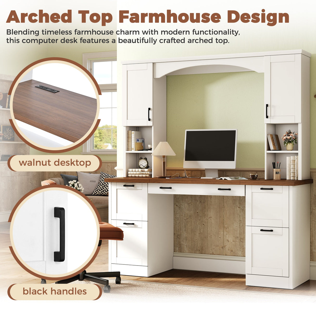 ON-Trend Farmhouse Arched Computer Desk with Hutch