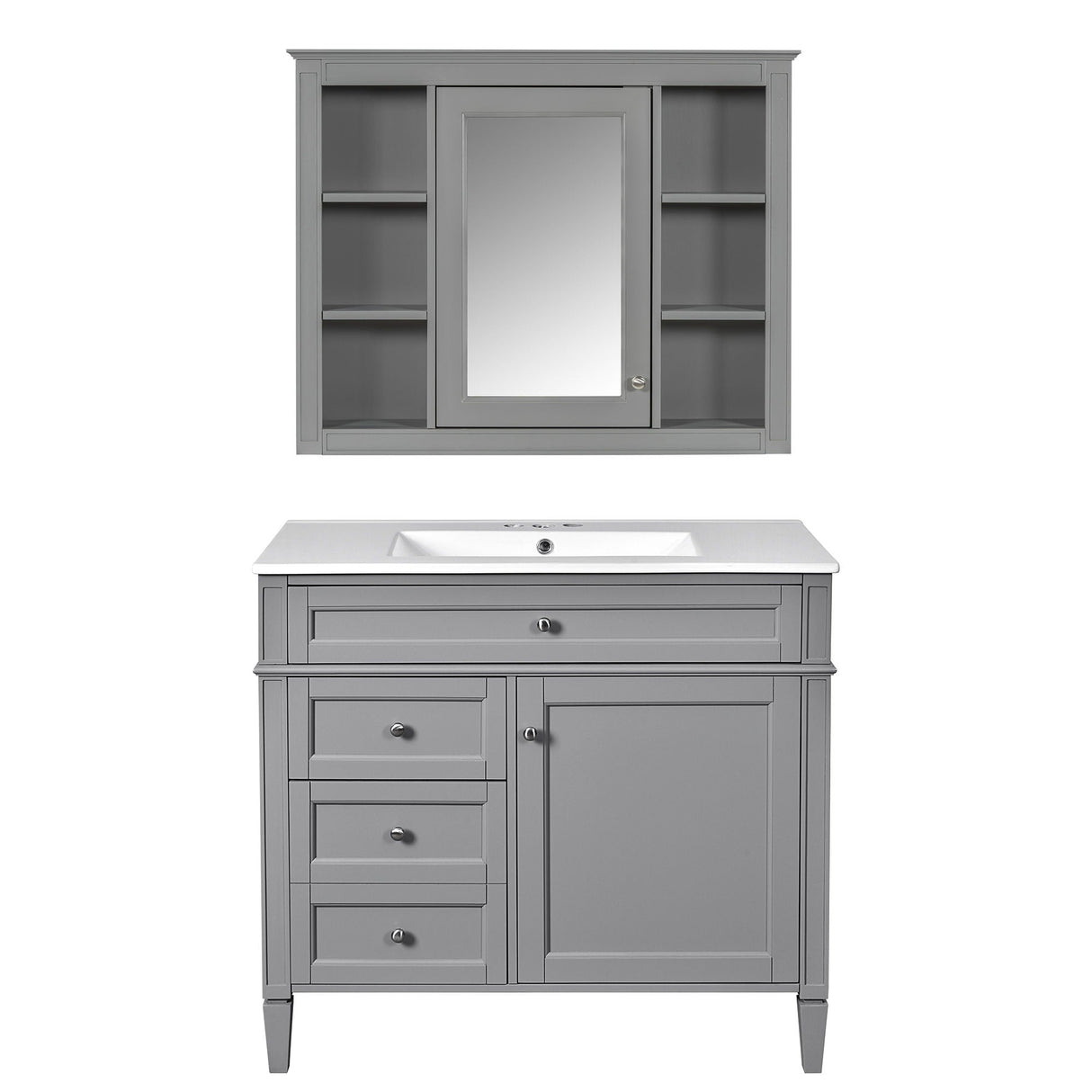 Bathroom Vanity with Mirror Cabinet, Single Sink with 2 Soft Closing Doors and 4 Drawers
