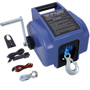 Reversible 12V Electric Trailer Winch for Boats up to 6000 lbs with Synthetic Rope and Extra Pulley Hook - Blue