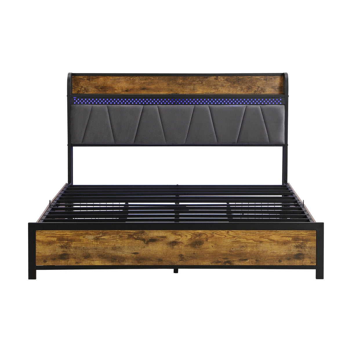 Modern Bed Frame With LED Lights, Upholstered Headboard, USB Charging