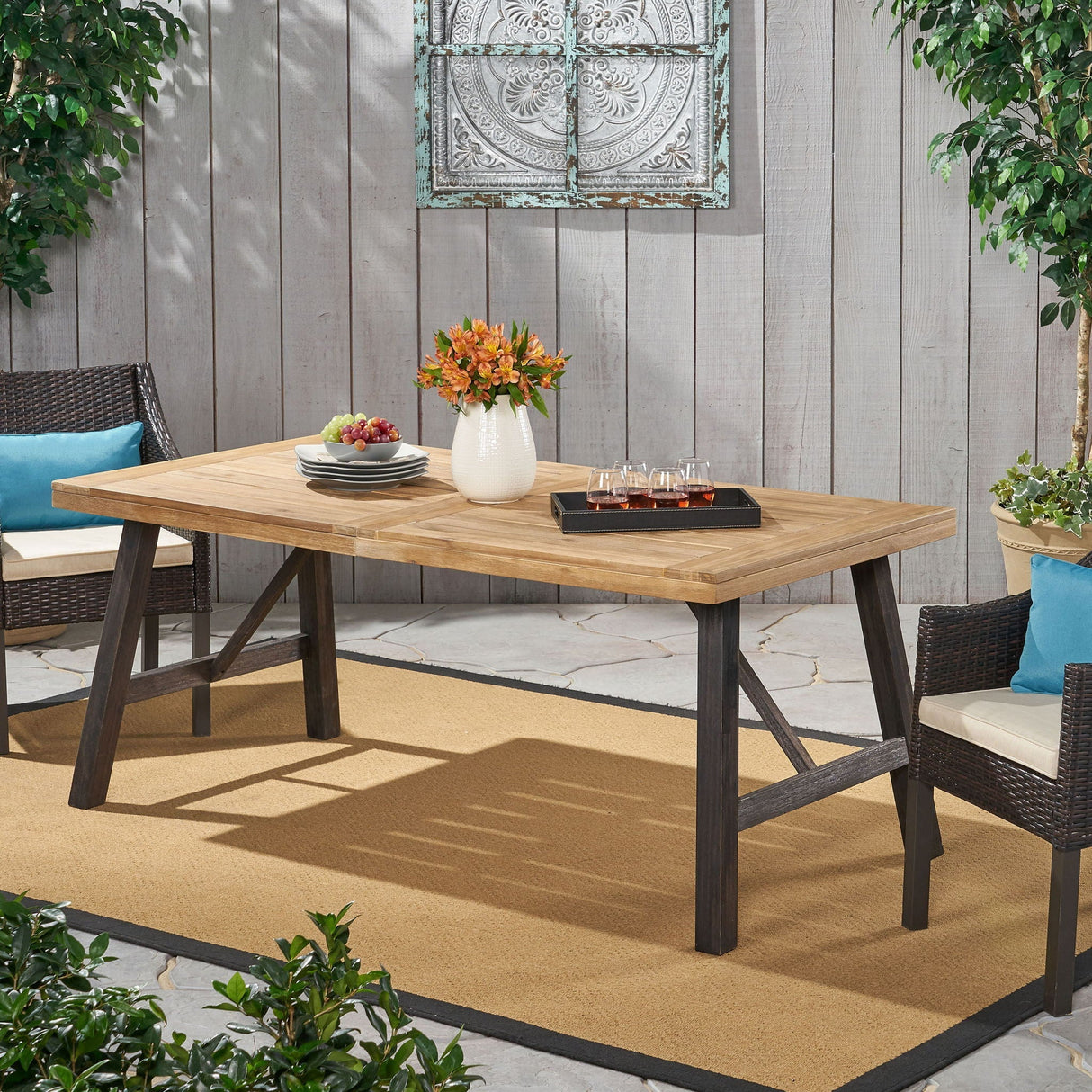 Outdoor Weather Resistant Dining Table With Slat Panel Design