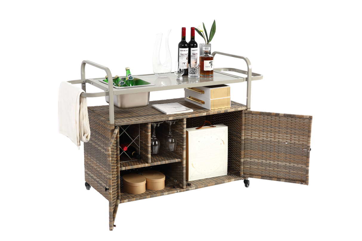 Outdoor Bar Table with Wicker Cabinet and Steel Top - Beige