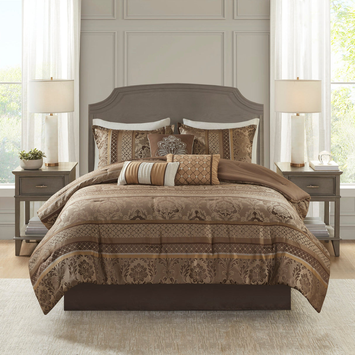 7 Piece Jacquard Comforter Set - Brown/Gold King