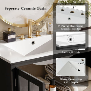 Modern Bathroom Vanity With Ceramic Sink, Tempered Blurred Glass Doors