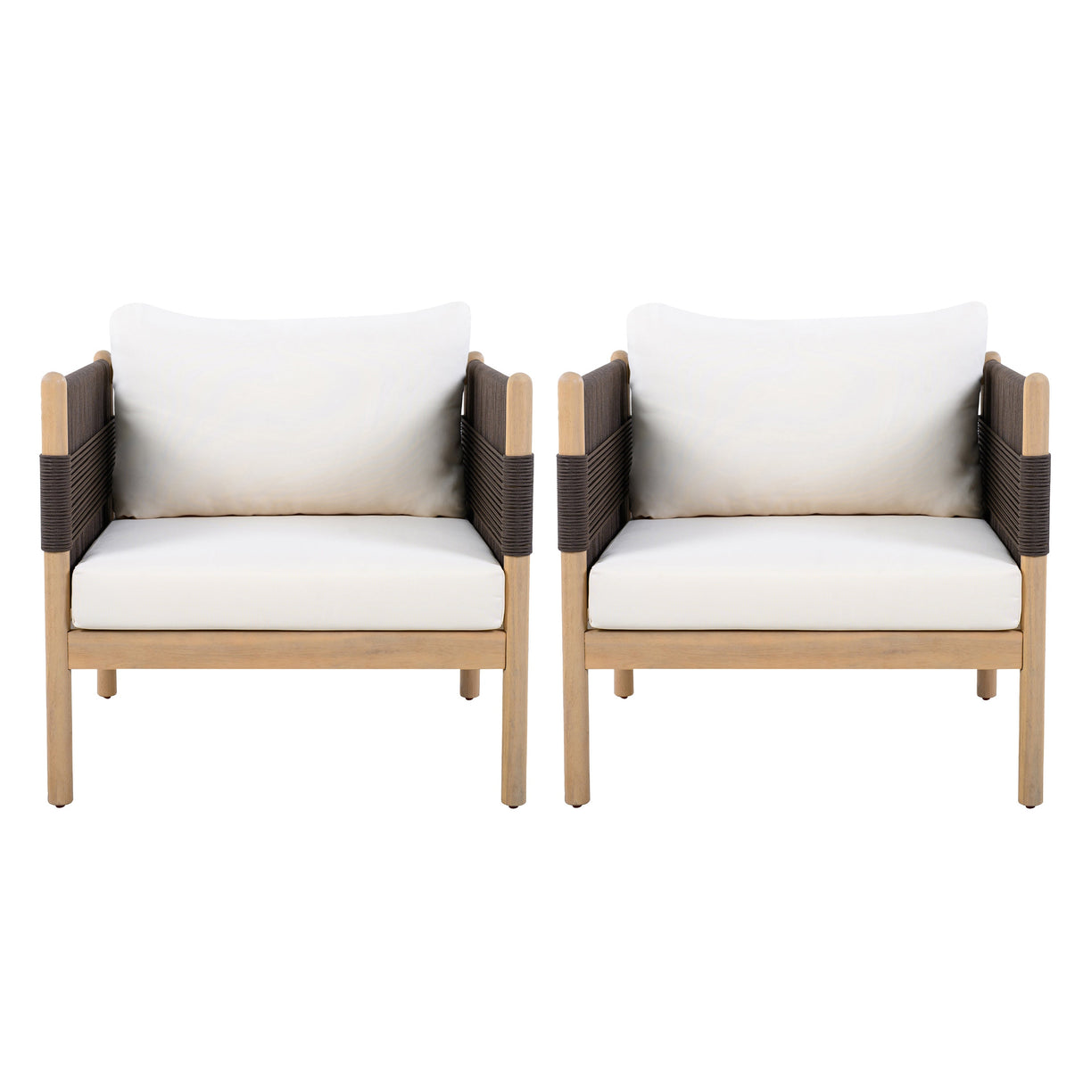 Outdoor Acacia Club Chairs (Set of 2) with Diamond-Pattern Black Rope, Light Teak Finish