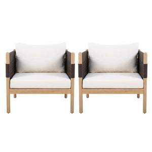 Outdoor Acacia Club Chairs (Set of 2) with Diamond-Pattern Black Rope, Light Teak Finish