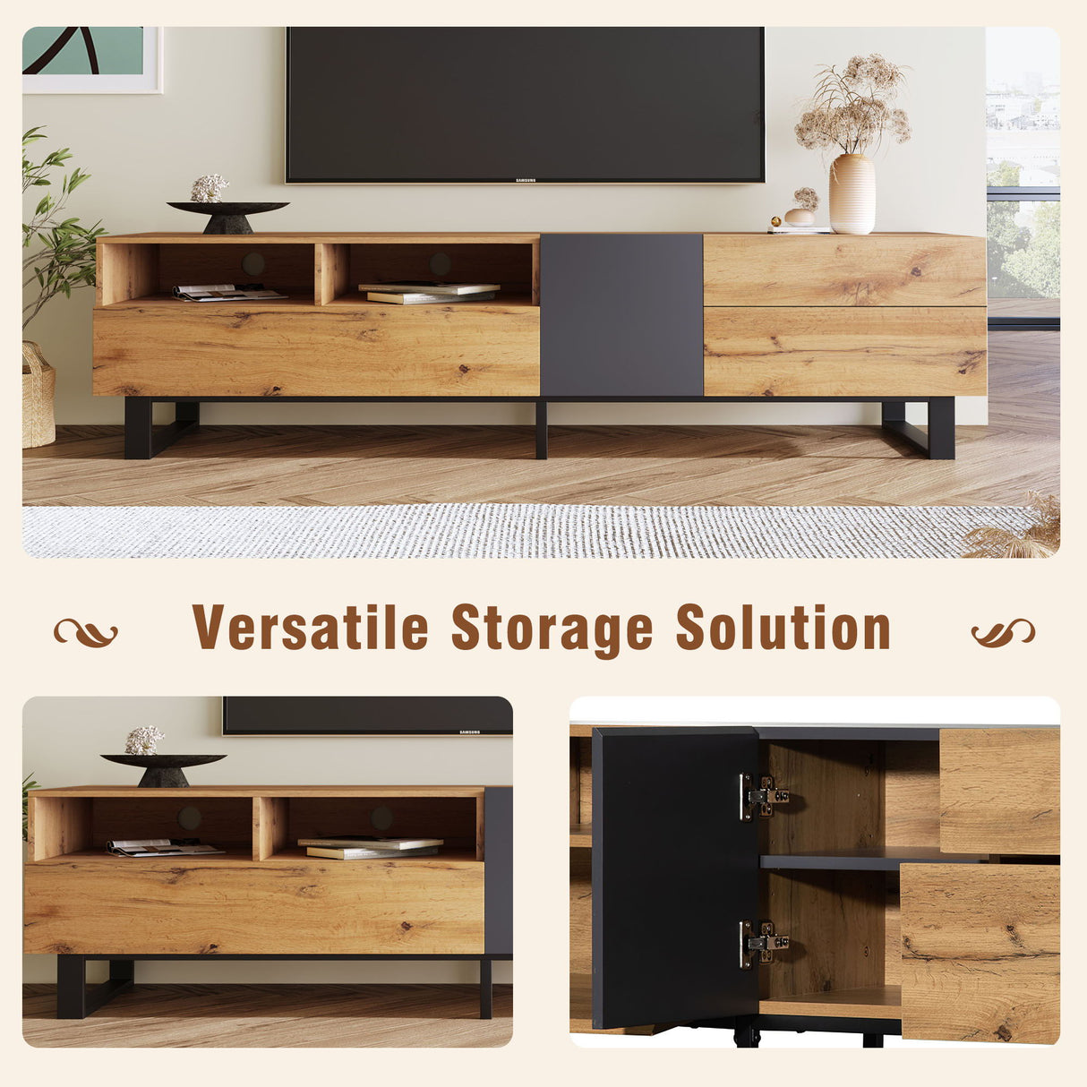 TV Stand For 80'' TV With Double Storage Space, Media Console Table With Drop Down Door
