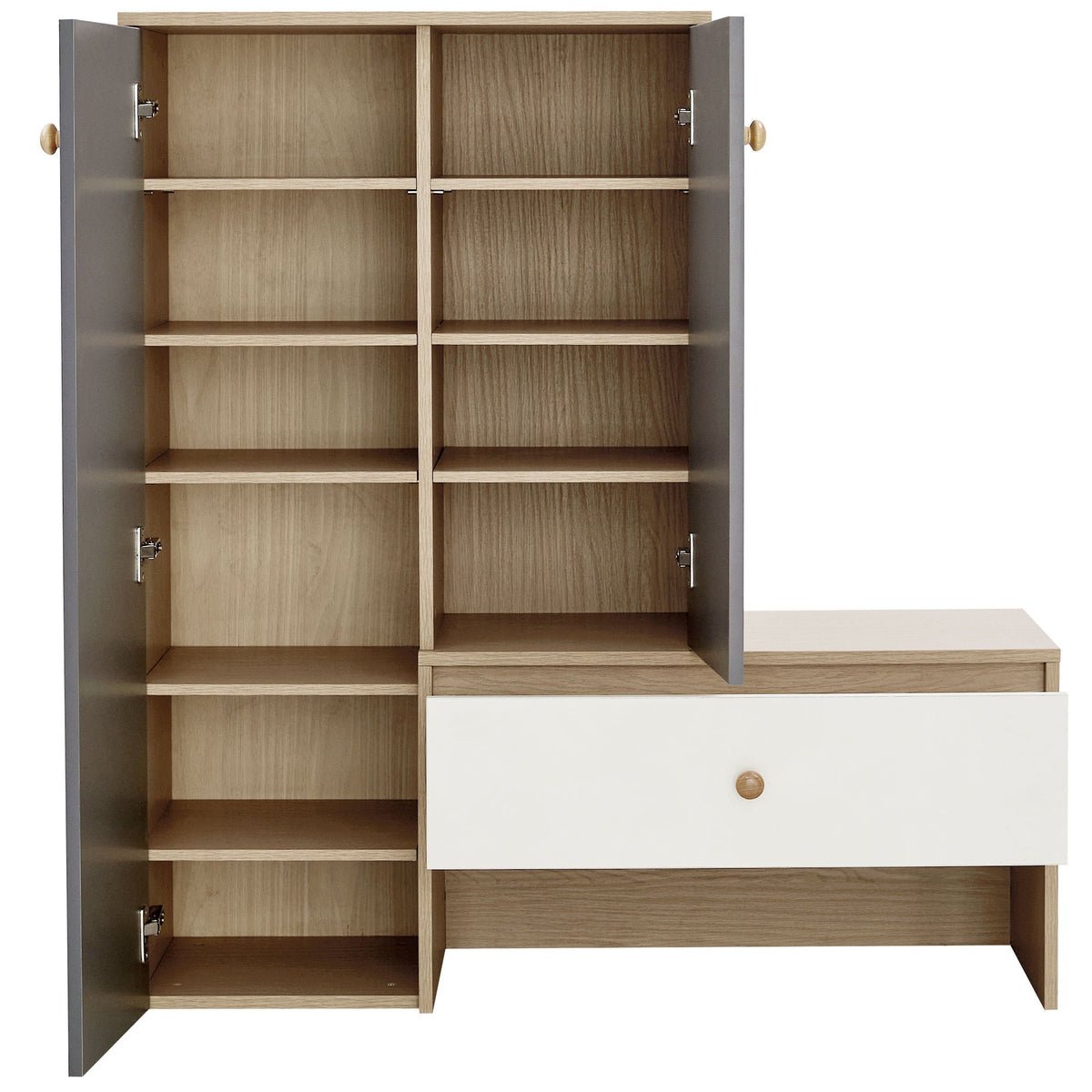Modern Multi Functional Shoe Storage Bench & Cabinets With Adjustable Shelves - Gray / Natural Wood / White