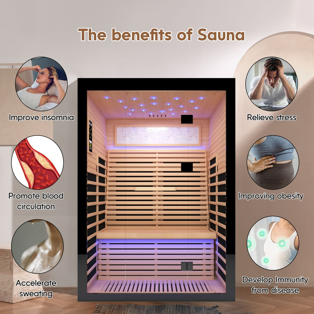 Luxury Double Far Infrared Sauna Room With Epoxy Heating Plates And Starry Sky Lighting - Black / Natural