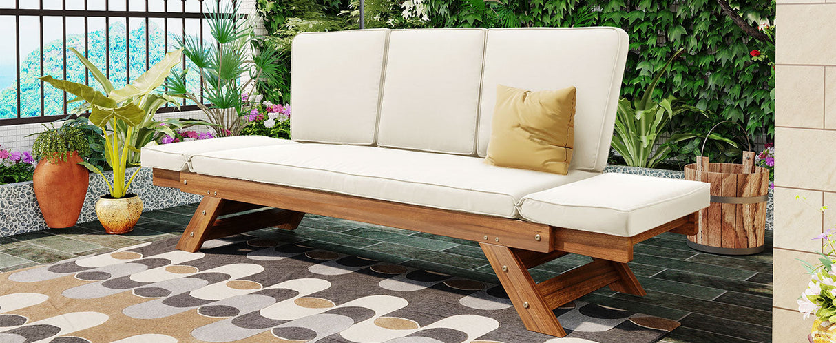 Topmax Outdoor Adjustable Patio Wooden Daybed Sofa Chaise Lounge with Cushions