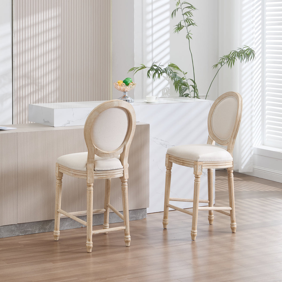 French Country 26'' Height Bar Chairs with Beige Linen Upholstery - Set of 2