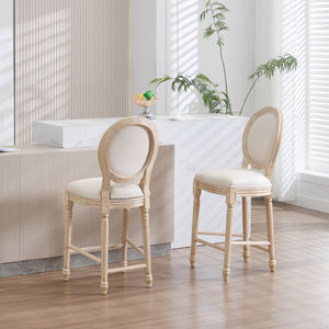 French Country 26'' Height Bar Chairs with Beige Linen Upholstery - Set of 2