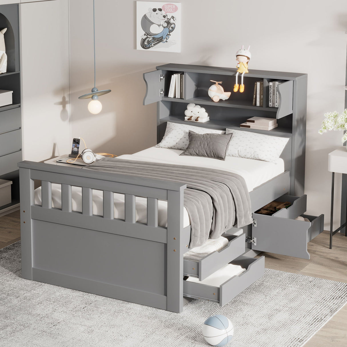 Captain Platform Bed Frame With Storage Bookcases, Shelves, And 4 Drawers
