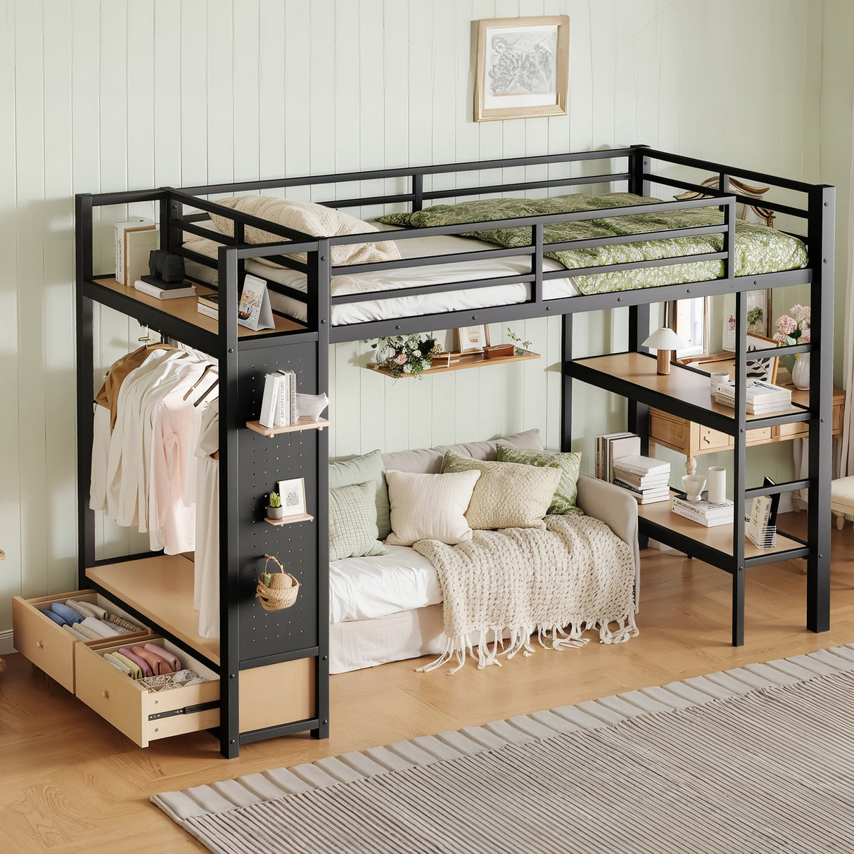 Twin XL Size Loft Bed Frame with Wardrobe and Shelves