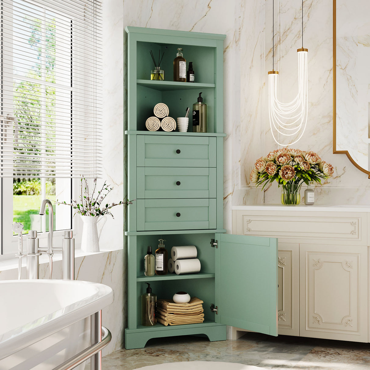 Tall Green Triangle Corner Storage Cabinet with Drawers and Adjustable Shelf