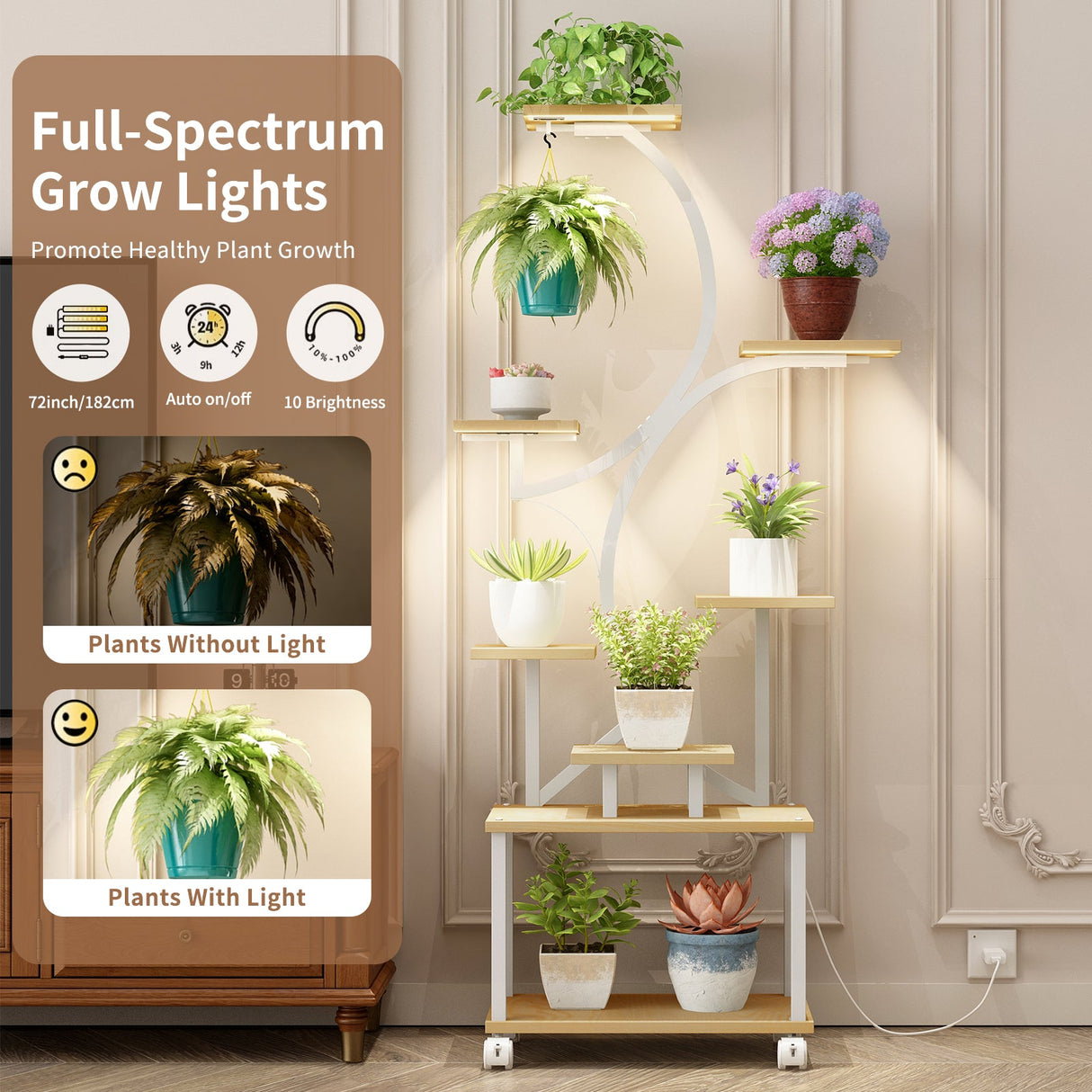 Indoor Plant Stand with Grow Lights - 62" Tall, 8 Tiered Shelf
