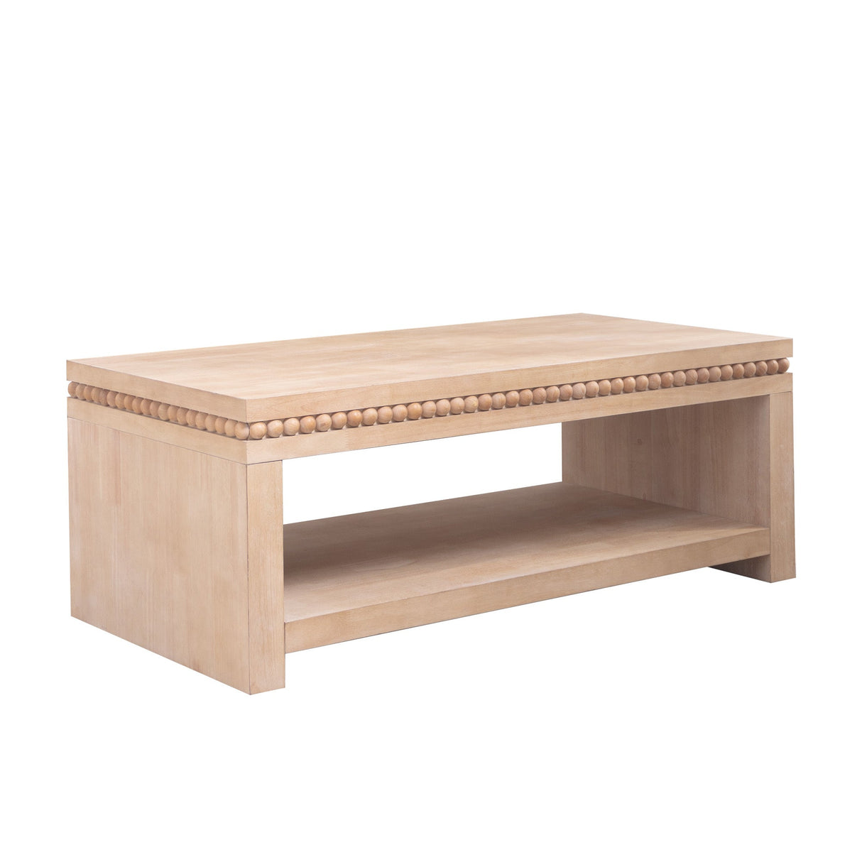 Modern Wood Coffee Table with Beaded Trim – 47 Rectangular Coffee Table with Open Storage Shelf, Light Natural Finish – Farmhouse & Coastal Living Room Furniture
