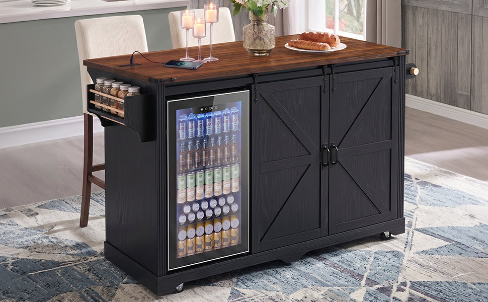 K&K 72" Farmhouse Kitchen Island with Fridge Storage Space & Power Outlet