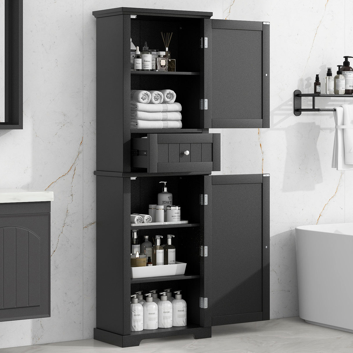 Tall Black Bathroom Storage Cabinet with Drawer and Adjustable Shelf
