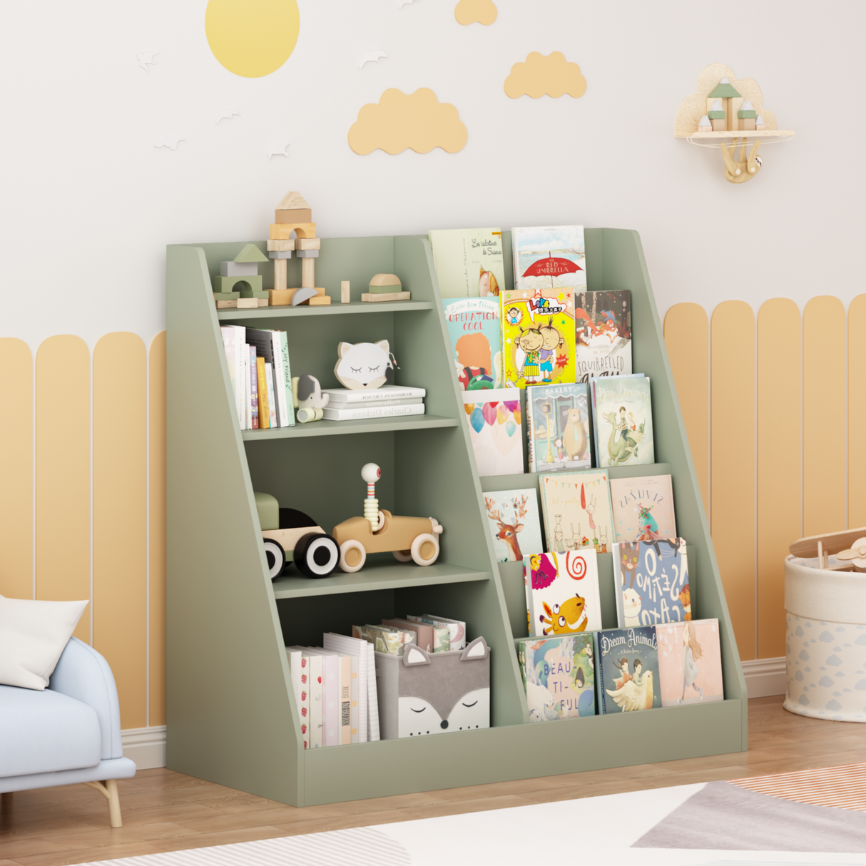Kids Bookshelf and Toy Storage Organizer in Sage