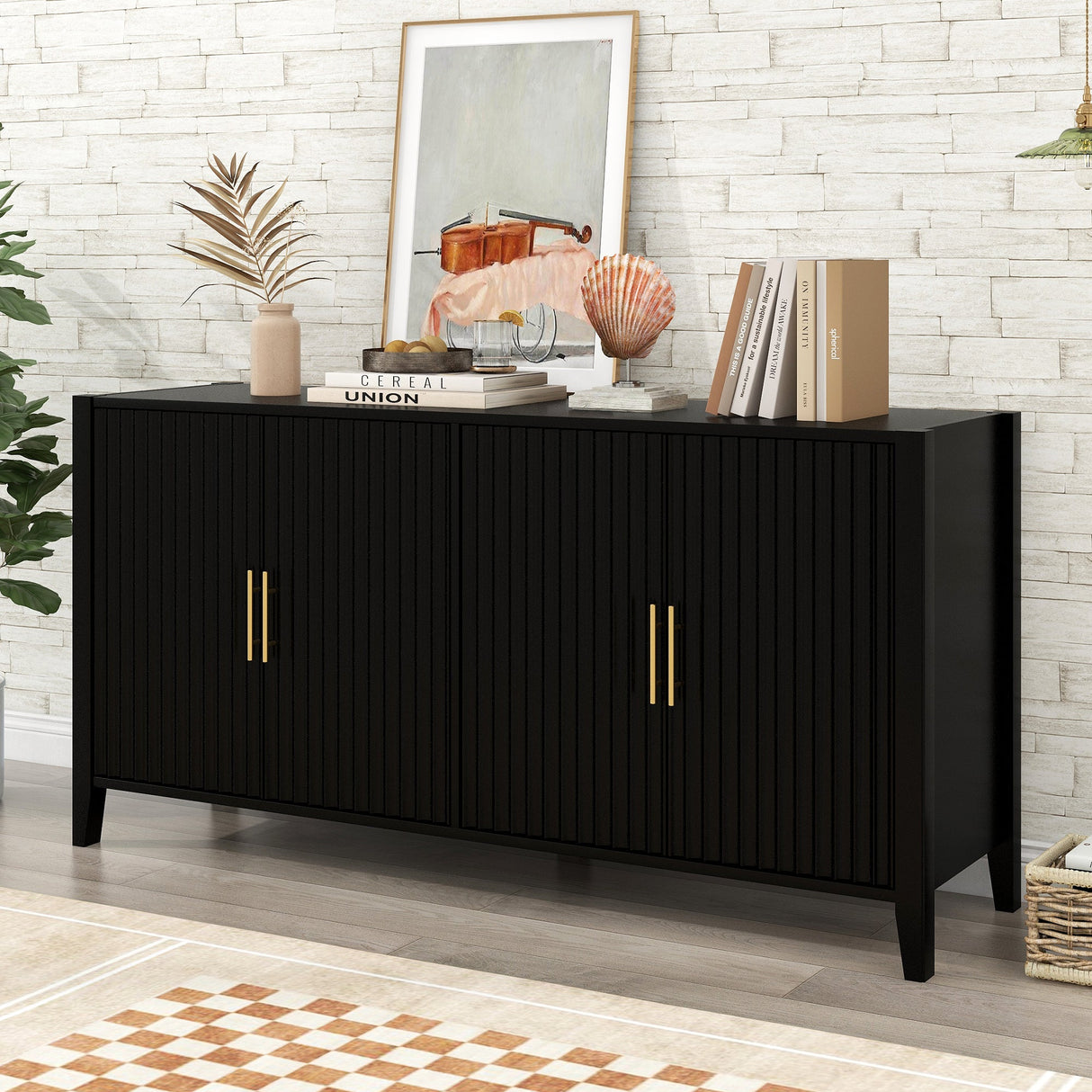 U_Style Modern 4-Vertical Wavy Slatted Doors Sideboard