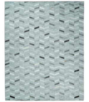 Custom Made Ivory and Silver Geometrical Handmade Leather Rug